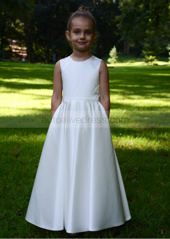 Ivory Satin Lace Pearl Buttons Back Classic Flower Girl Dress